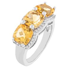 Sterling Silver Gemstone Cushion-Cut Halo 3-Stone Engagement Ring