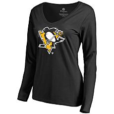 Women's Fanatics Black Pittsburgh Penguins Splatter Logo V-Neck Lon...