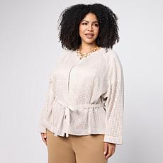 WynneCollection Perforated Bonded Faux Suede Belted Jacket