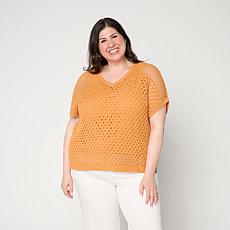 WynneLayers Cap-Sleeve Open-Stitch V-Neck Sweater