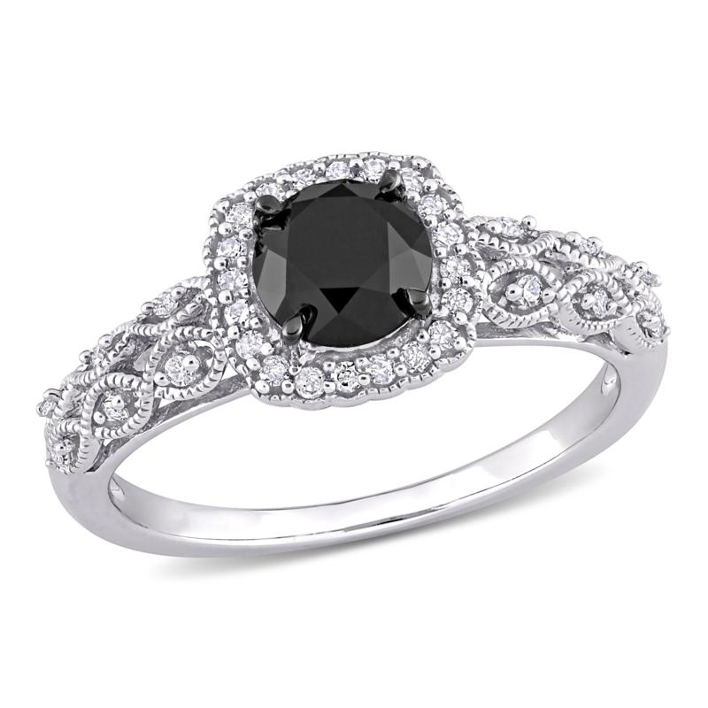 10K White Gold .73ctw Black and White Diamond Vintage Engagement Ring