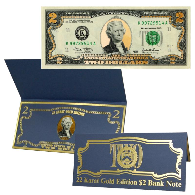 $2 Bill with 22K Gold Foil Hilites   Federal Reserve Note