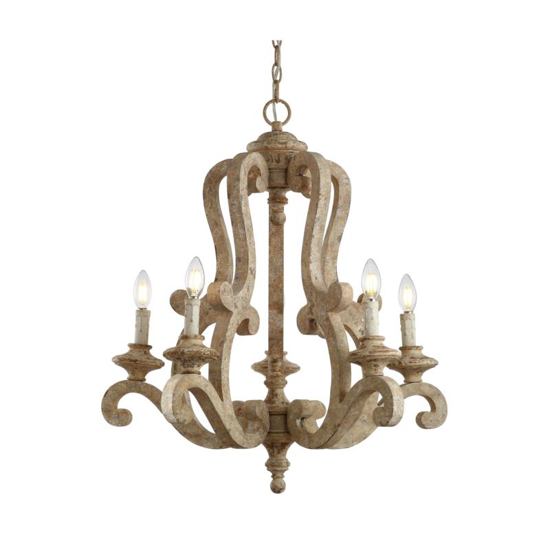 Jonathan Y Brown Oria 5-Light 27" Wood/Iron Scrolled LED Chandelier