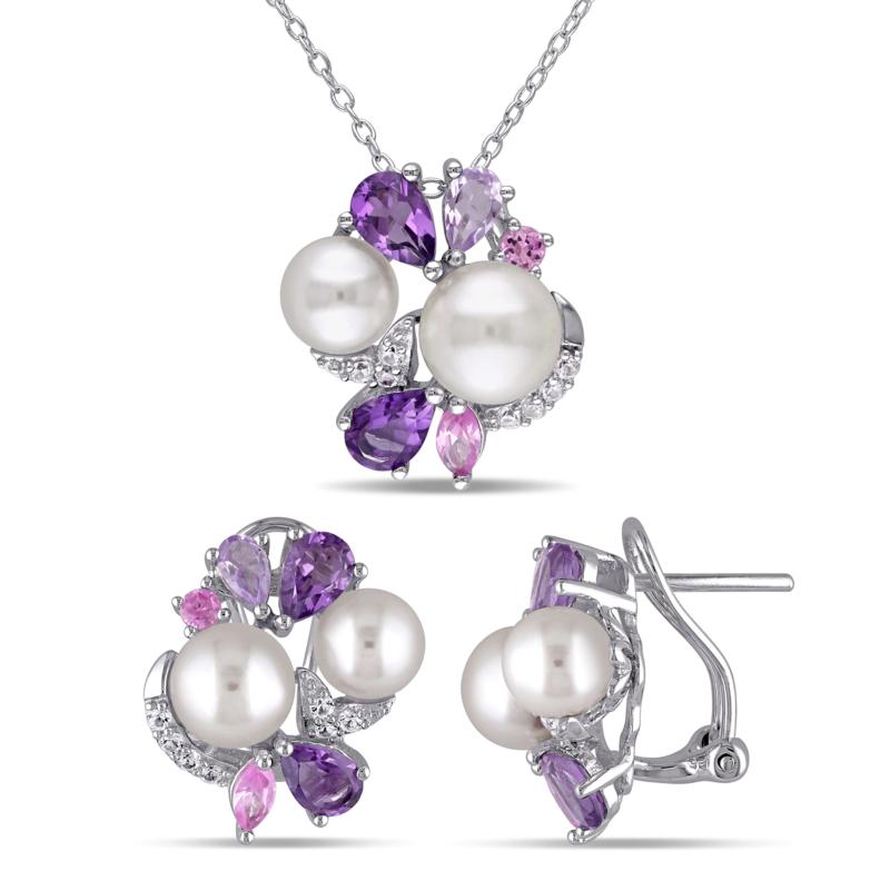 Sterling Silver Cultured Pearl, Sapphire and Gem Earrings and Pendant