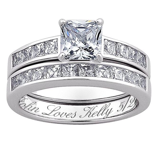 Sterling Silver 6.66ct CZ 2 piece Engraved Wedding Ring Set