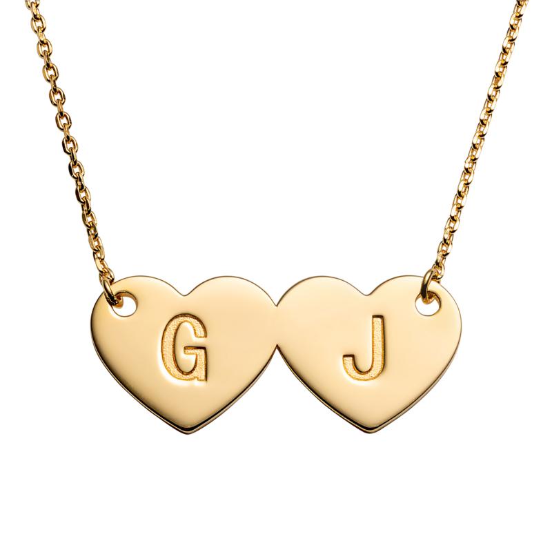 Sterling Silver Engraved Initials Double Heart Pendant Necklace