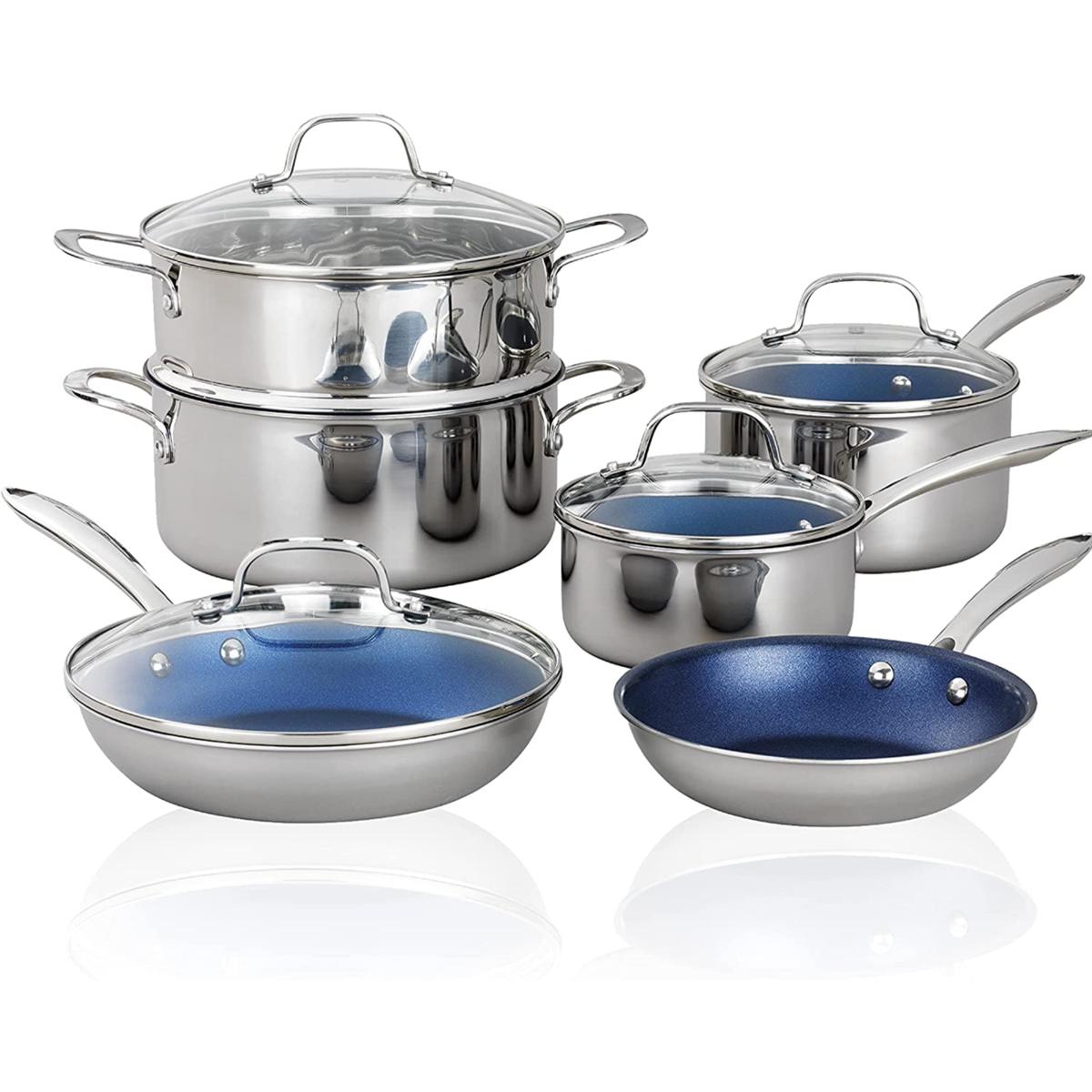 GraniteStone Blue Stainless Steel Nonstick Pots and Pans Set 10 Piece 20373050 HSN
