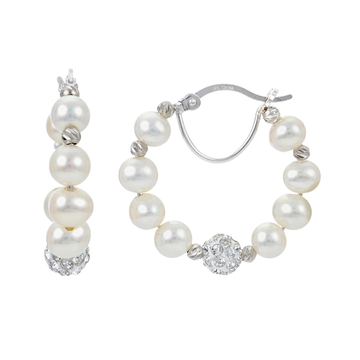Sterling Silver 55.5mm Cultured Pearl and Crystal Bead Hoop Earrings