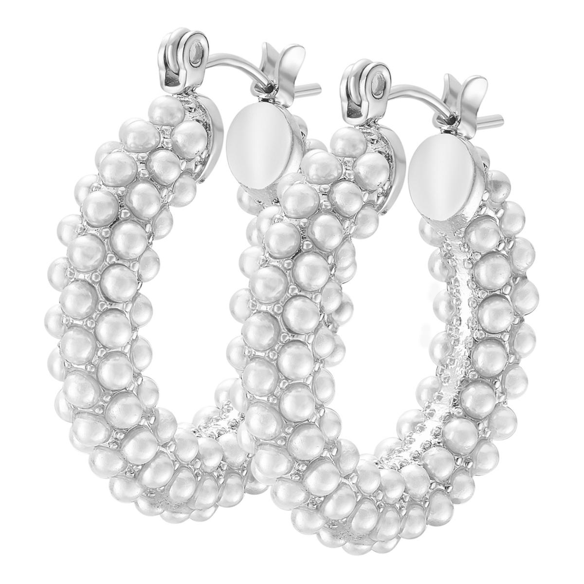 Stately Steel Small Faux Pearl Hoop Earrings 21806195 HSN