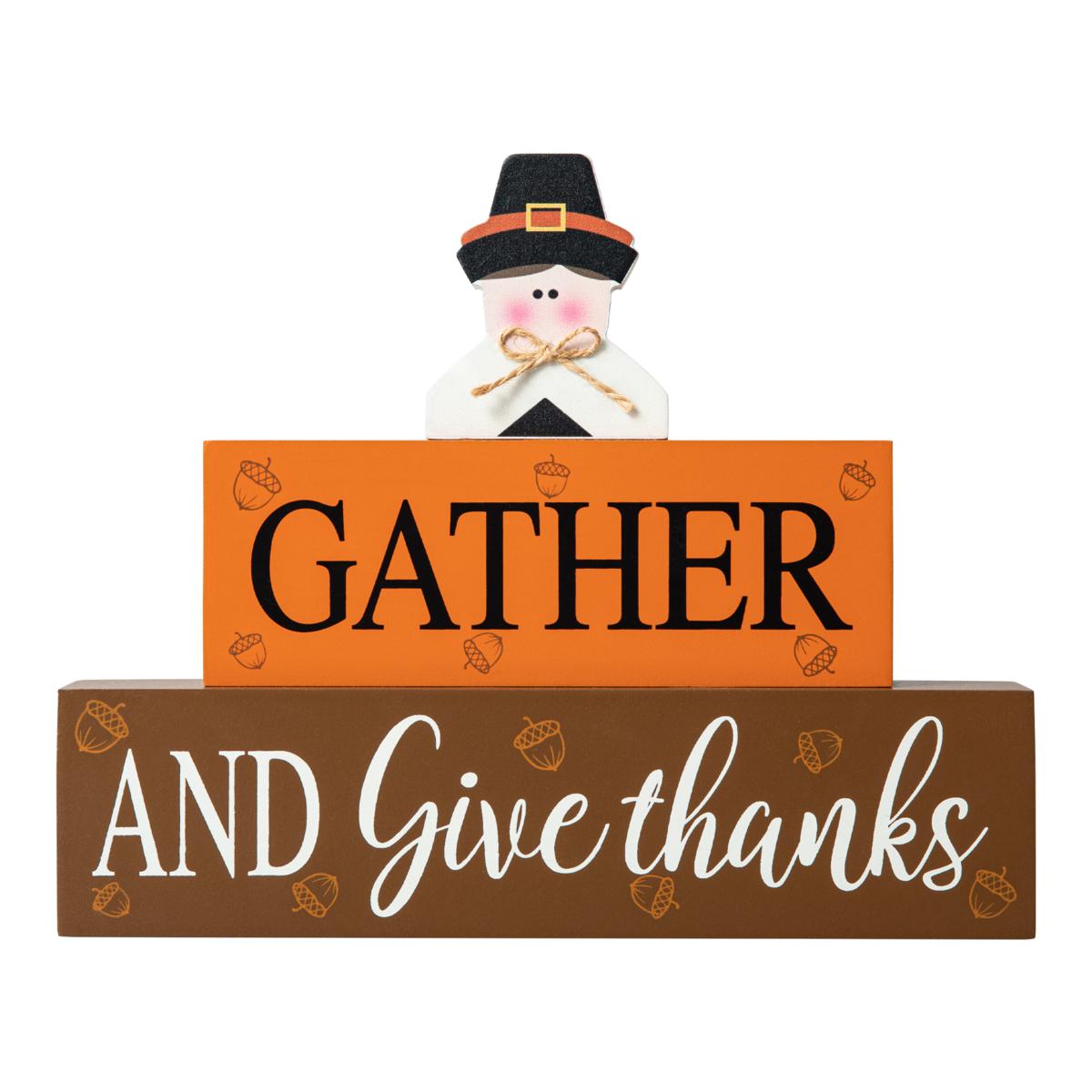 Glitzhome 9.5in. L Thanksgiving Wooden Pilgrim Table Block Sign