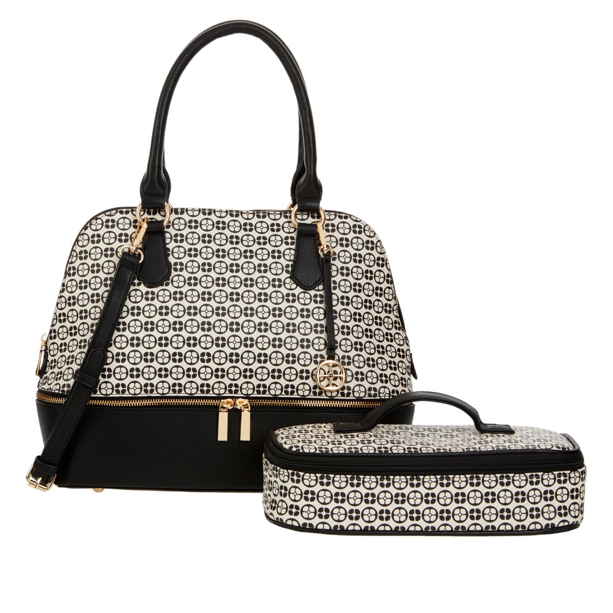 (HSN) IMAN Global Chic Logo Print Dome Satchel with Cosmetic Case