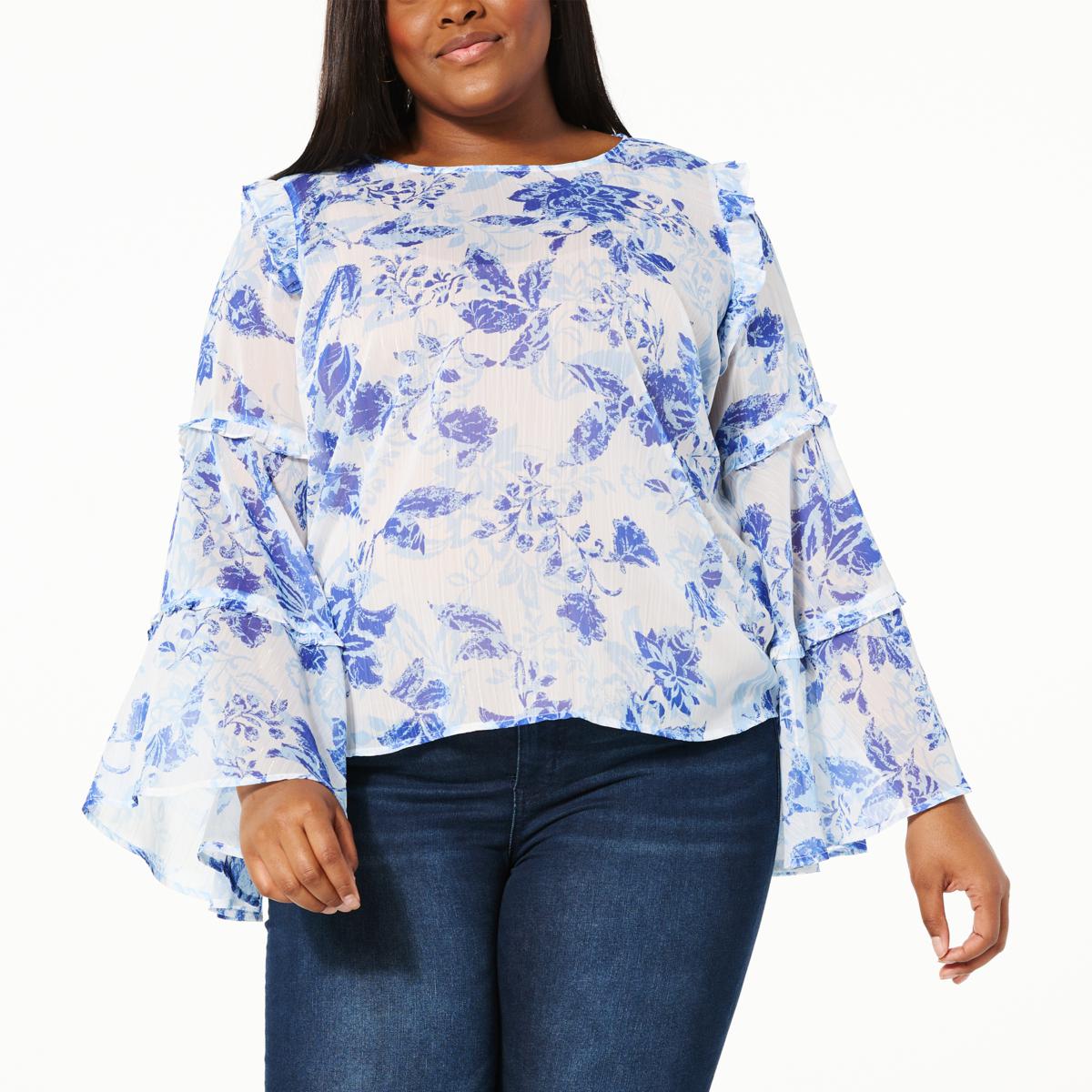 G by Giuliana Black Label Printed Chiffon Bell-Sleeve Top - 20655582 | HSN