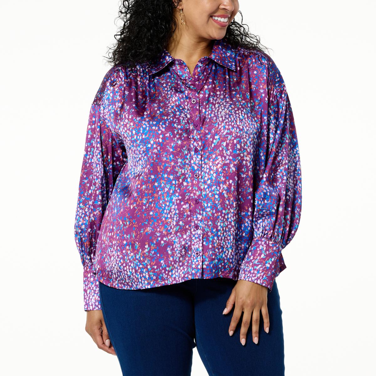 DG2 by Diane Gilman Printed Satin ButtonUp Blouse 21079323 HSN