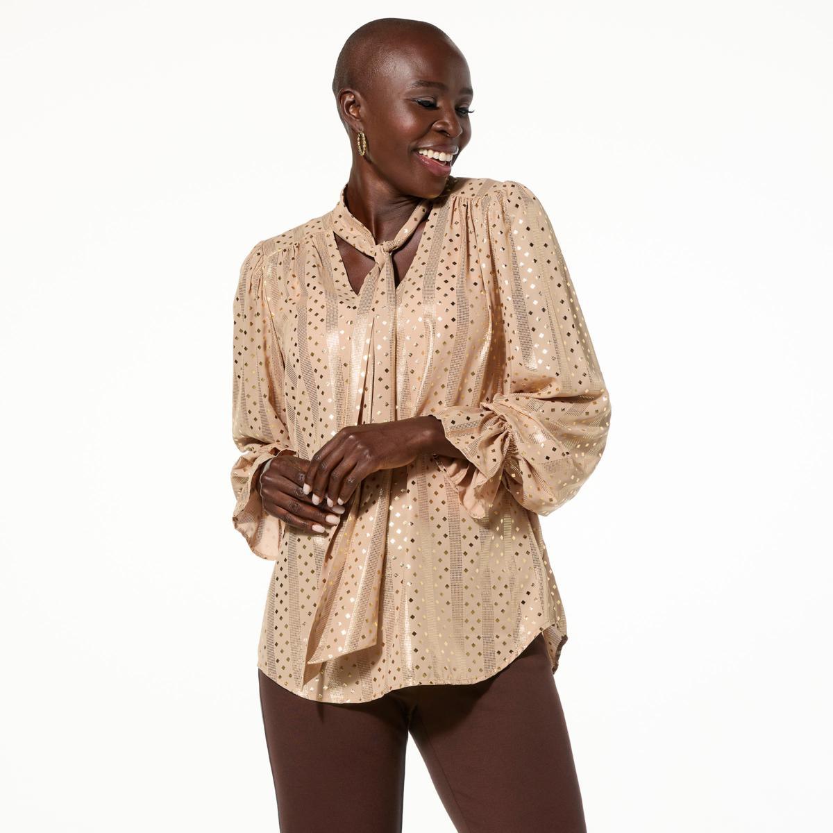 IMAN Global Chic Woven Neck Tie Blouse with Bell Cuffs 23120469 HSN