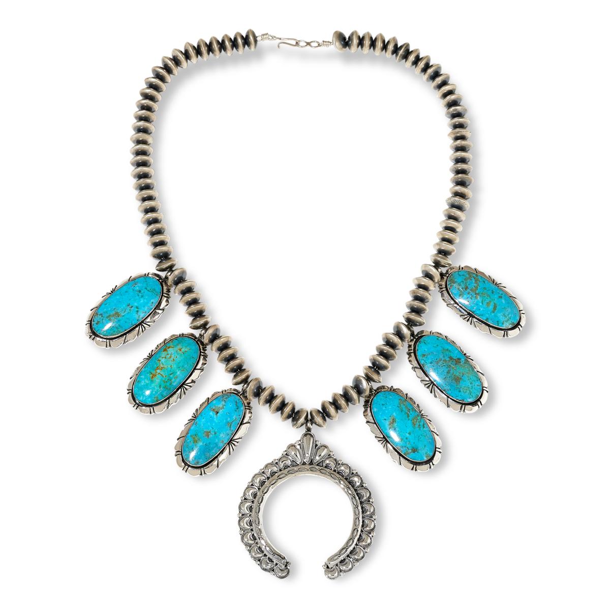 Chaco Canyon 21" Kingman Turquoise Squash Blossom Drop Necklace