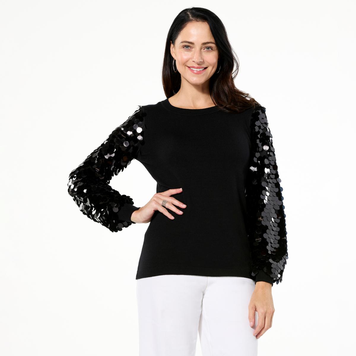 Nina Leonard Sequin Sleeve Pullover Sweater - 23349801 | HSN