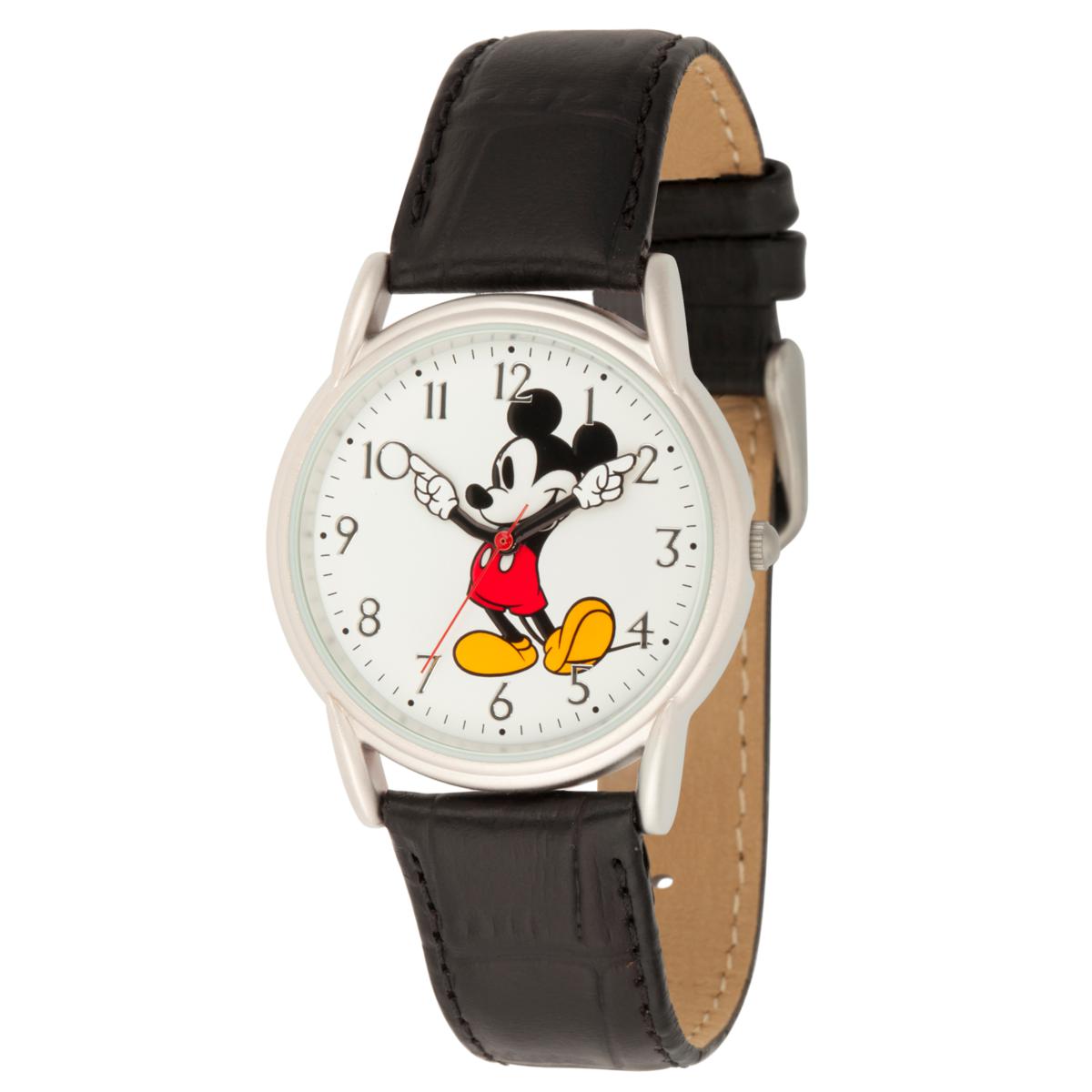 Disney Mickey Mouse Men's Silver Cardiff Watch w/ Black Leather Strap ...