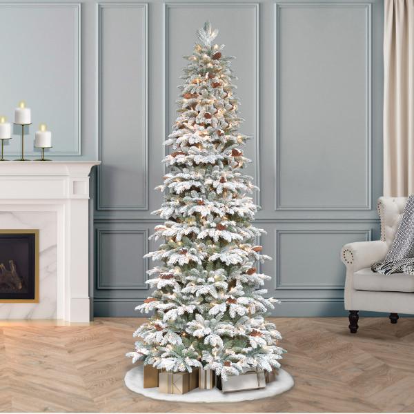 Puleo International 7.5' Lit Flocked Slim Spruce Artificial Tree ...