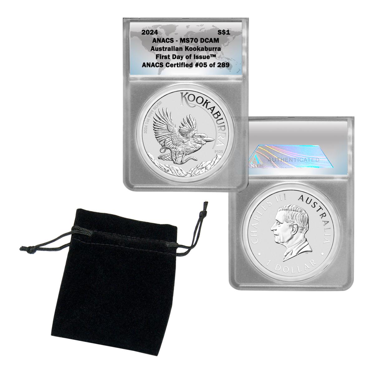 2024 MS70 DCAM ANACS FDOI LE 289 Australian Kookaburra Silver Dollar ...