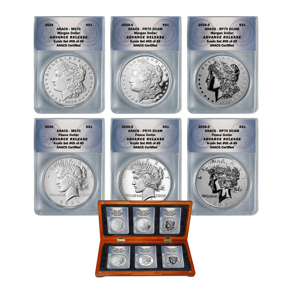 2025 MS70, PR70 & RP70 Advance Release LE 49 Morgan & Peace Dollar