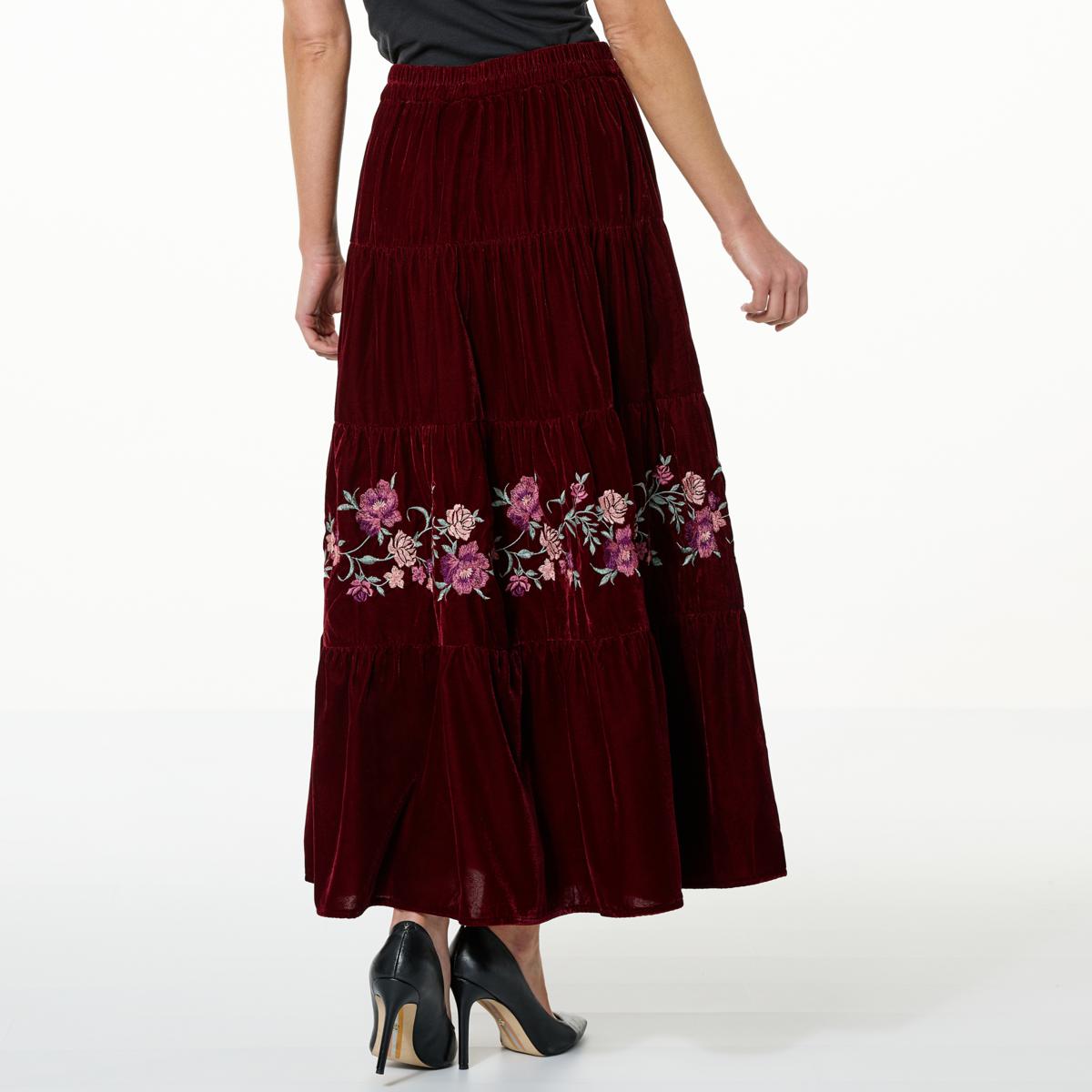 Antthony Embroidered Velvet Knit Tiered Skirt