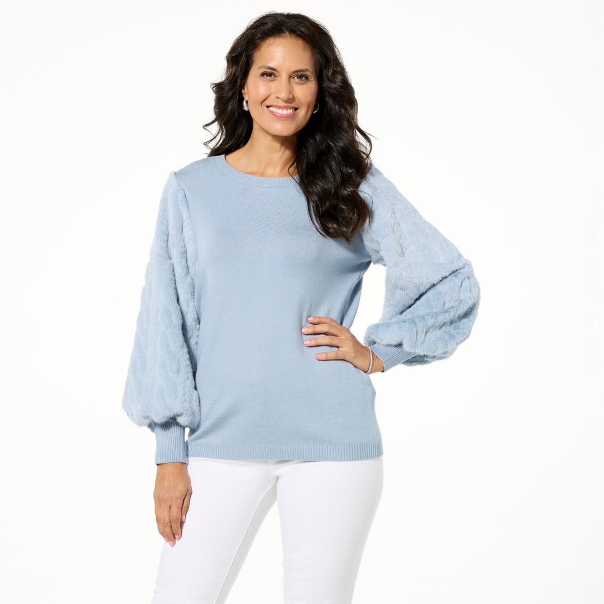 Antthony Faux Fur Sleeve Crew Neck Knit Sweater