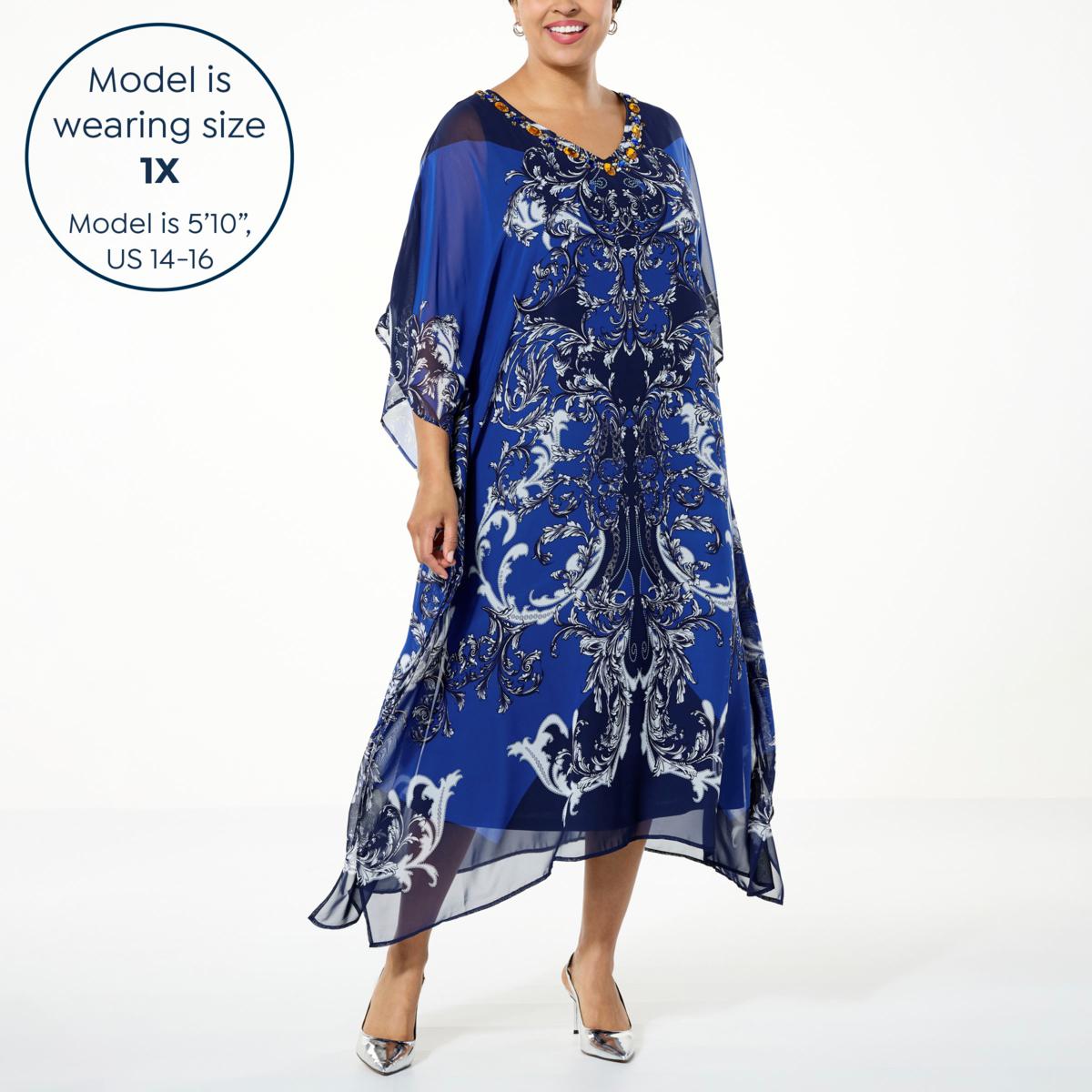 Antthony Printed Chiffon Beaded Caftan with Tank Dress