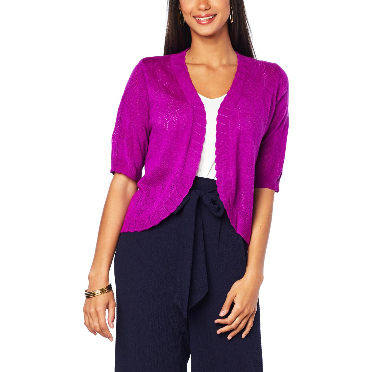 "As Is" Nina Leonard Elbow-Sleeve Pointelle Crochet Bolero