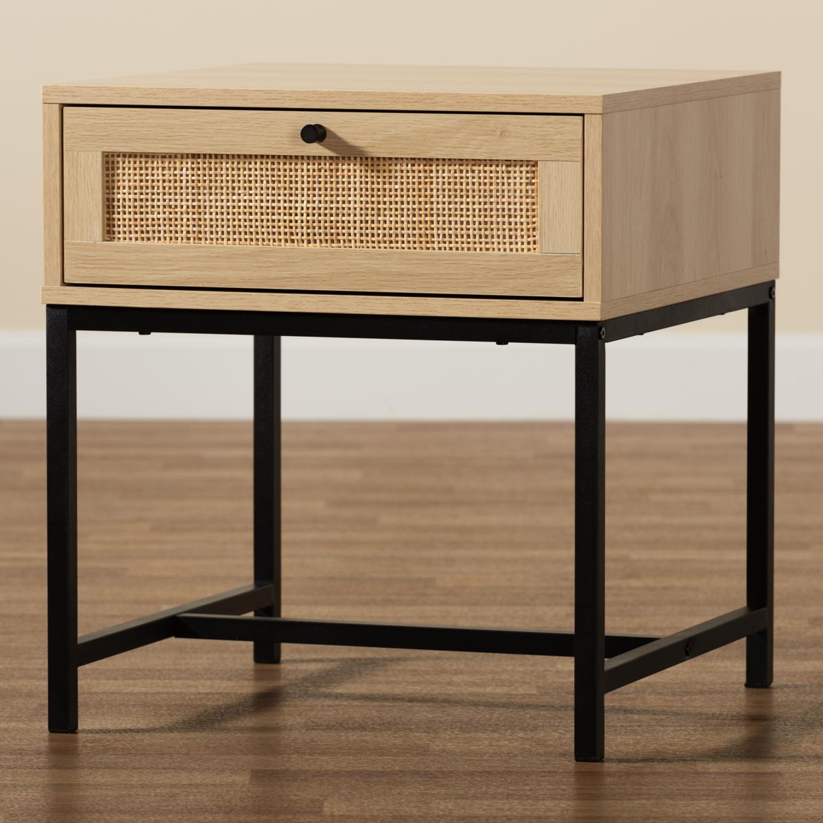 Baxton Studio Caterina Mid Century Wood and Rattan 1 Drawer End