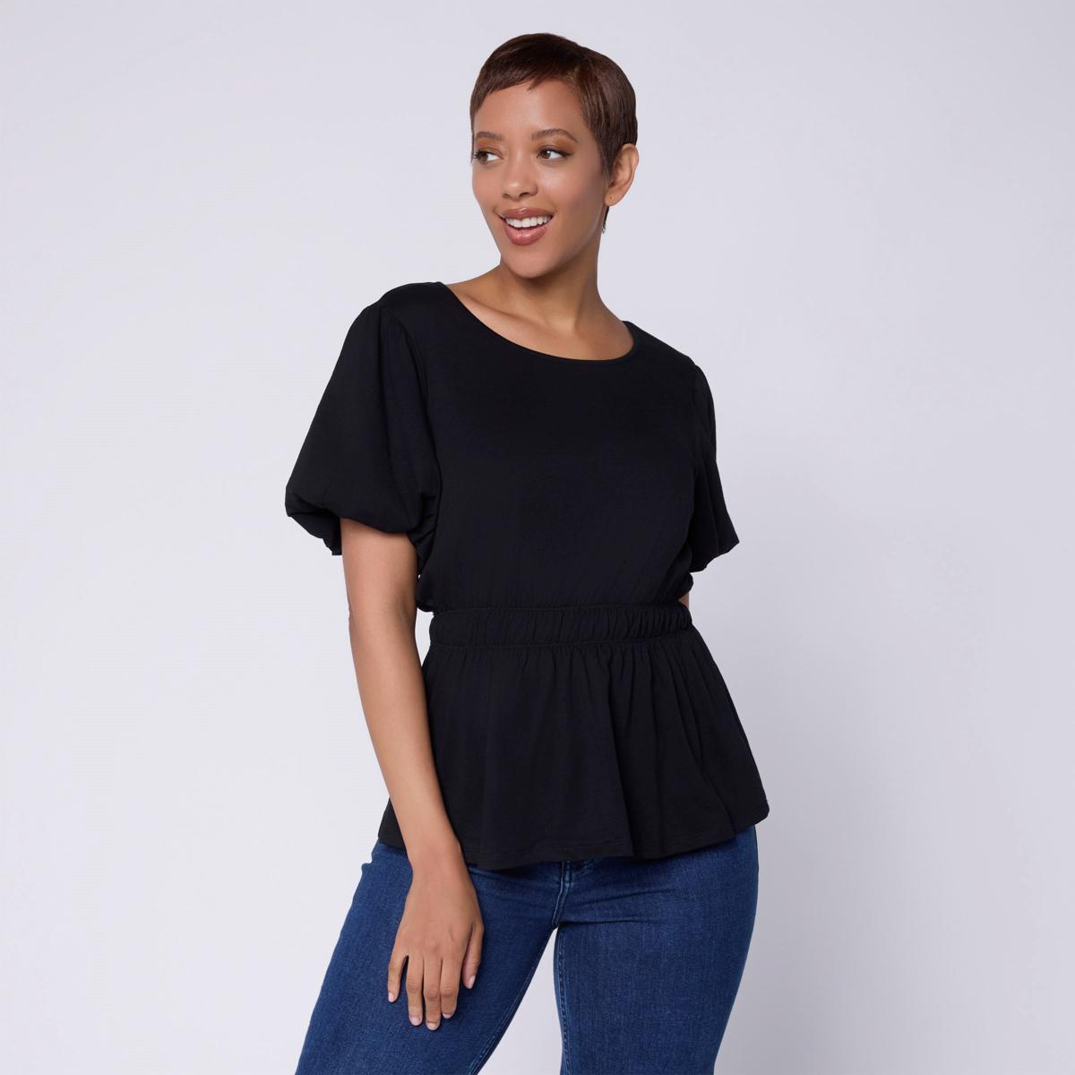 C Wonder Balloon Sleeve Peplum Top | HSN