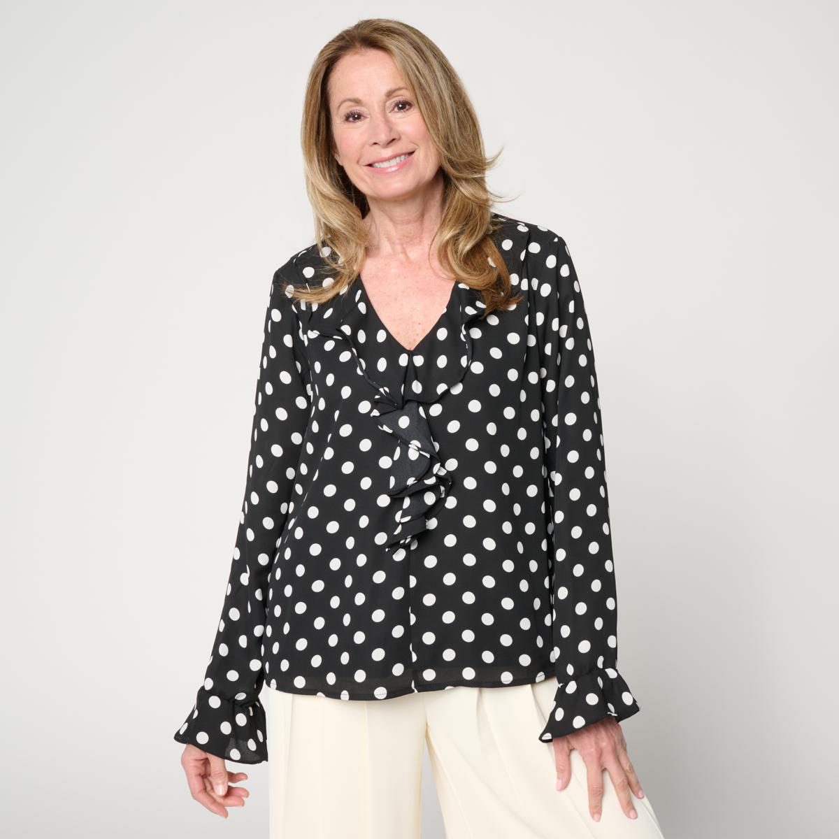 C Wonder Printed Shimmer Voile Ruffle Georgette Blouse | HSN