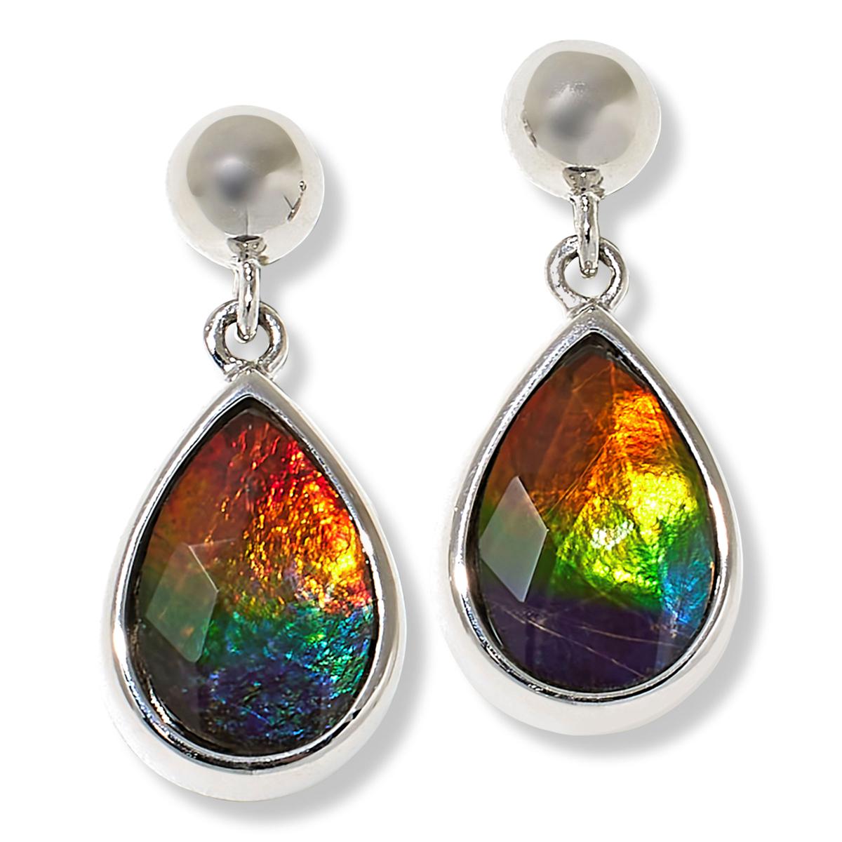 Ammolite Earrings, Sterling Silver, Fossilized Shells of 2024 Ammonites, Opal like Gemstone, Orange, Green, Yellow & Red Gem, Energy Gemstone