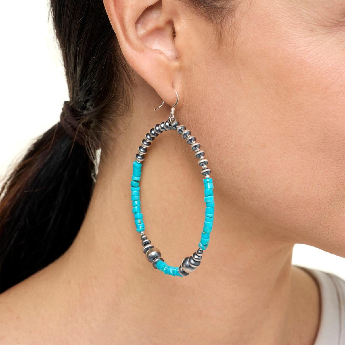 Chaco Canyon Sleeping Beauty Turquoise Large Beaded Hoop Earrings