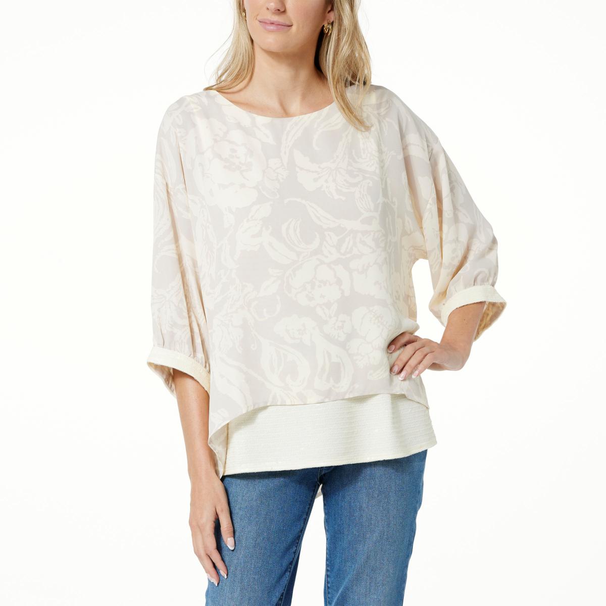 Colleen Lopez Mixed Media Sequin Trim 3/4-Sleeve Top