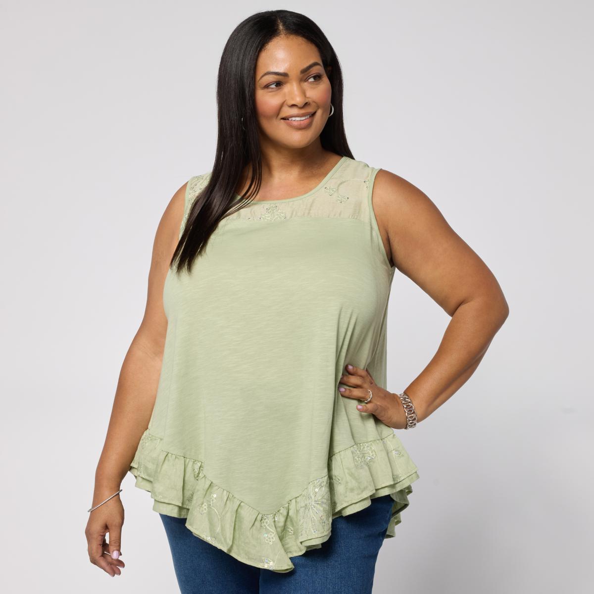 DG2 by Diane Gilman Cotton Modal Slub-Embellished Ruffle Tank