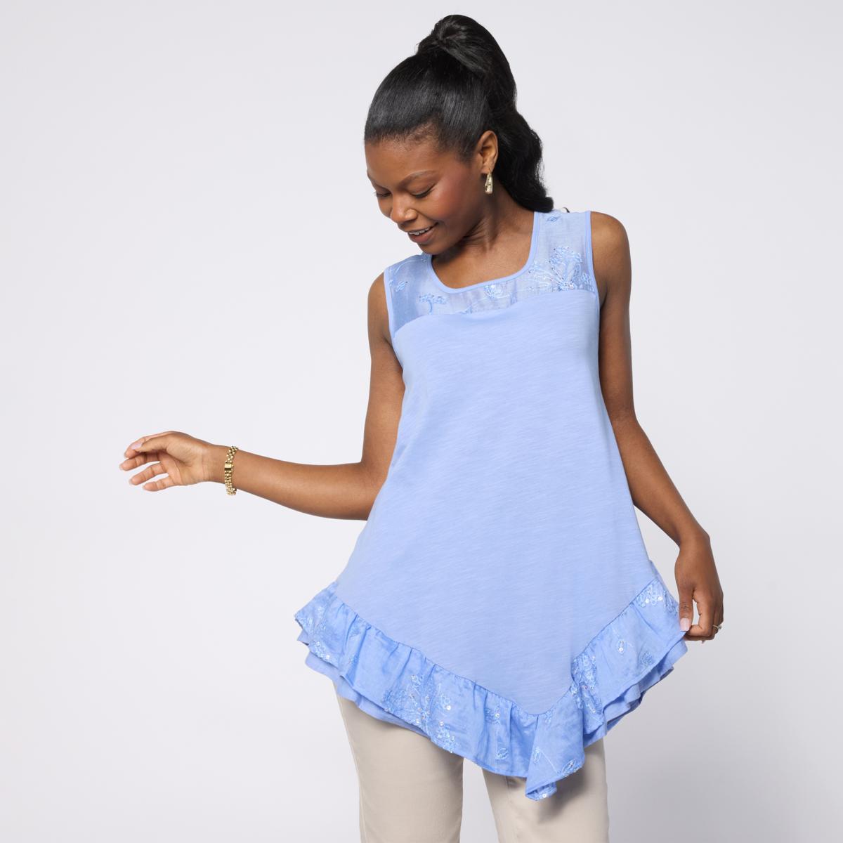 DG2 by Diane Gilman Cotton Modal Slub-Embellished Ruffle Tank