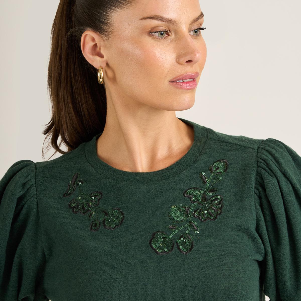 トップス KN DG2 by Diane Gilman Embroidered Balloon-Sleeve Brushed Knit