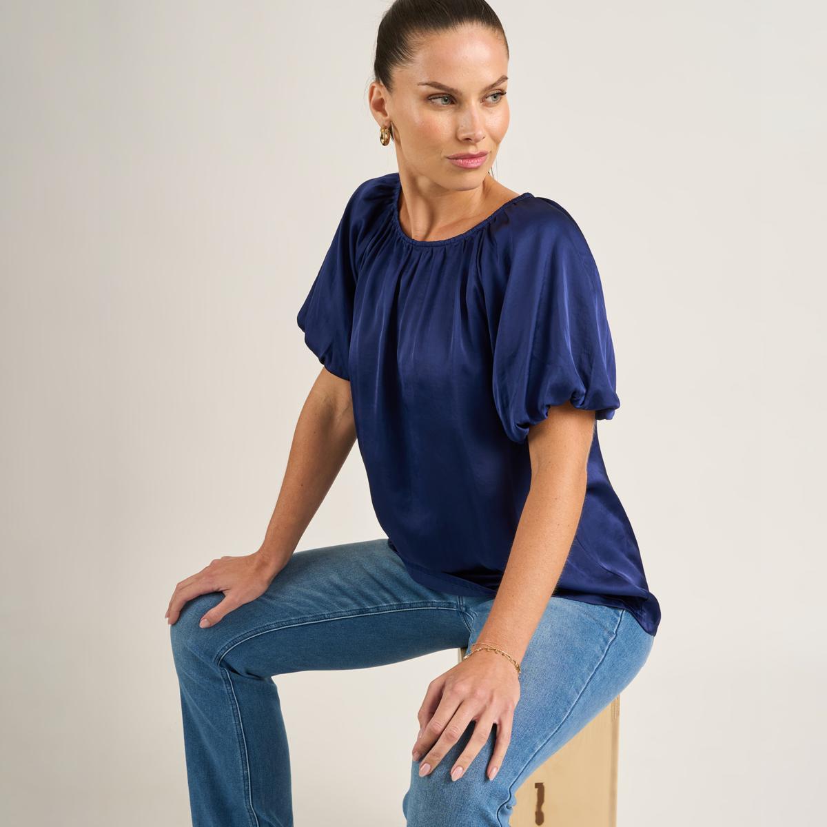 トップス no-two DG2 by Diane Gilman Hammered Satin Bubble Sleeve Top | HSN