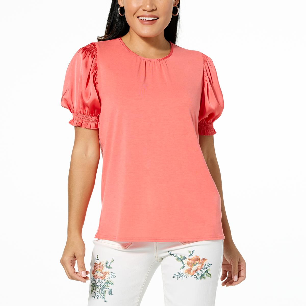 DG2 by Diane Gilman Just Like Silk & Jersey Knit Combo Puff-Sleeve Top ...