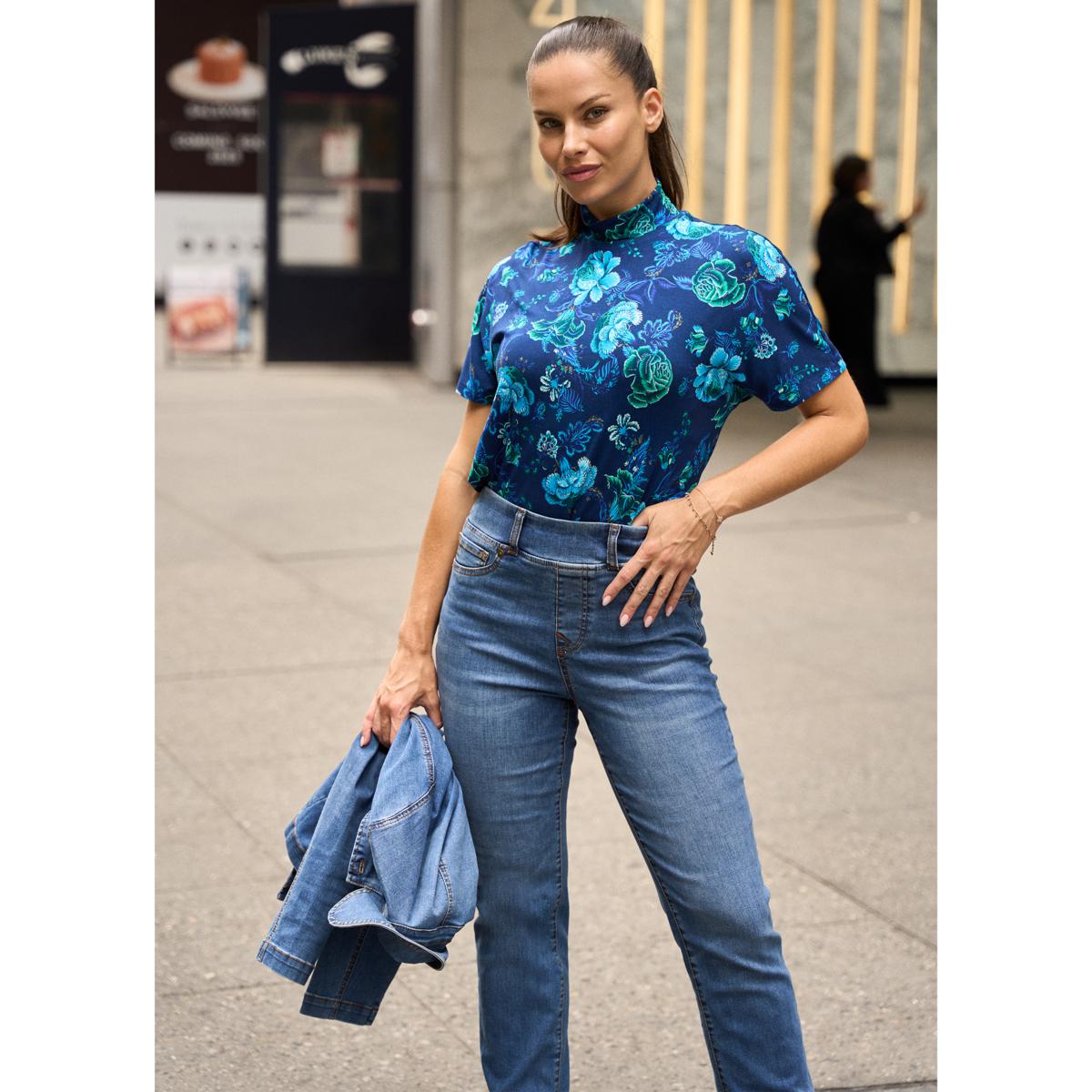 DG2 by Diane Gilman Printed Dolman Sleeve Turtleneck Top