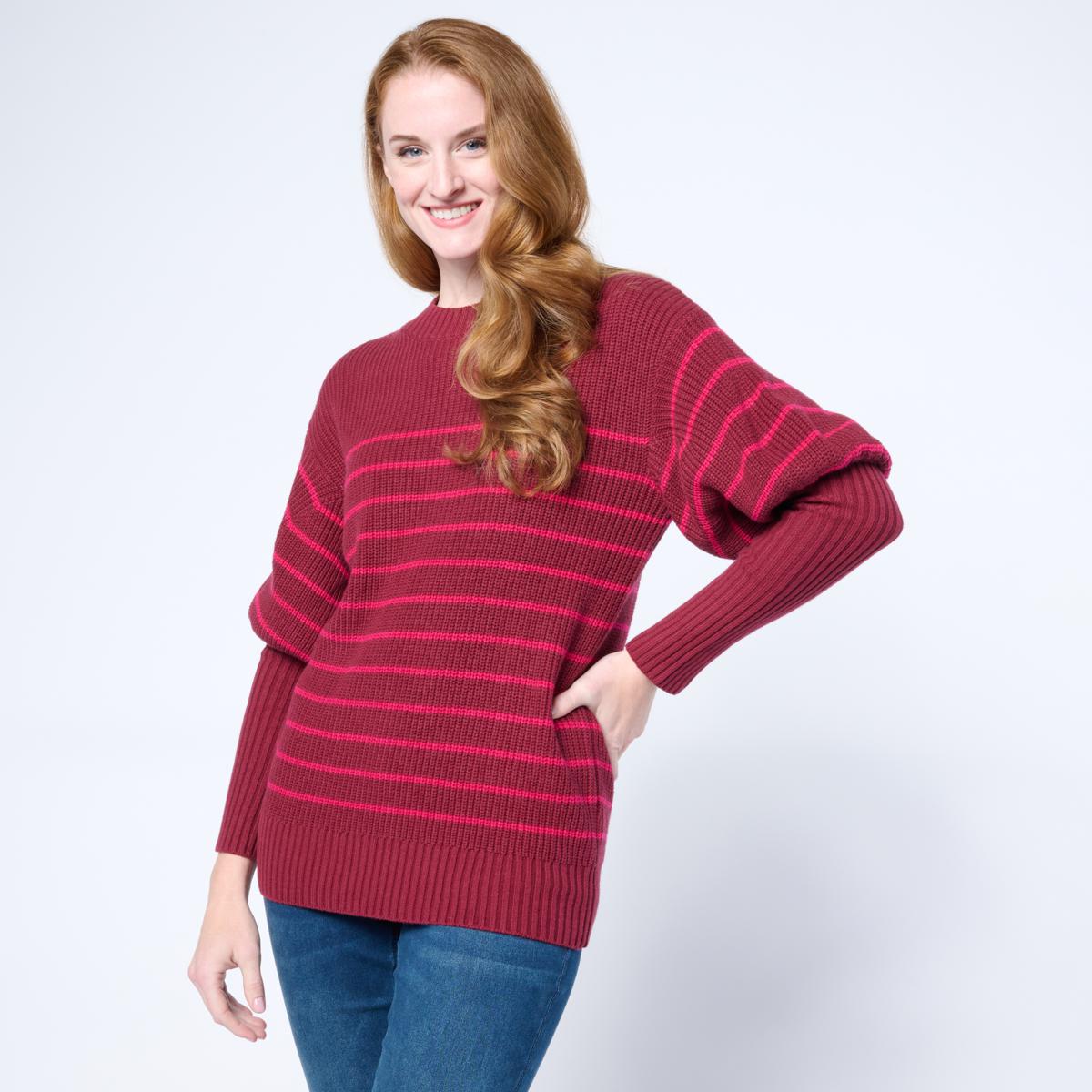 DG2 by Diane Gilman Rib Striped Knit Juliette-Sleeve Sweater | HSN