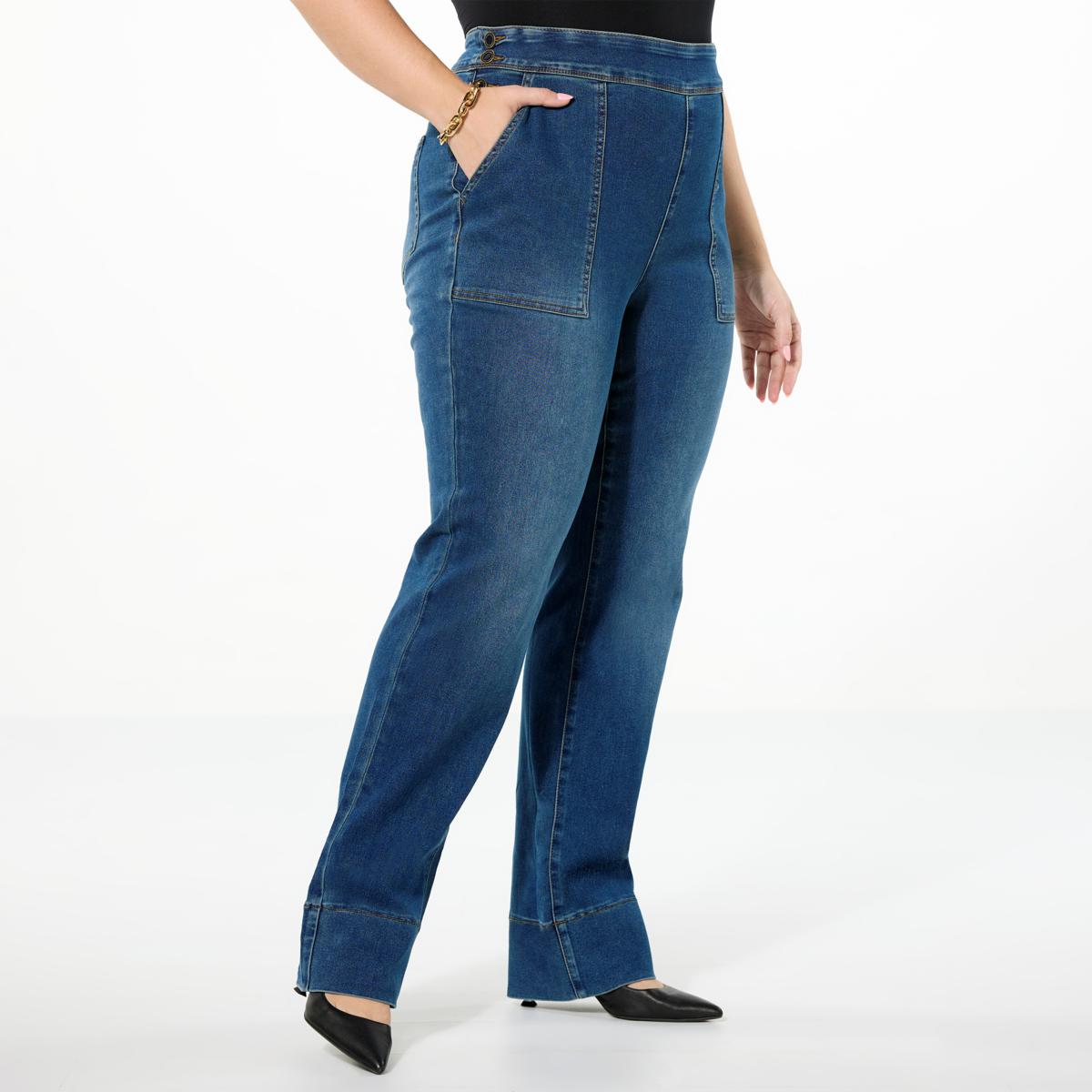 Pull on stretch straight leg jeans clearance