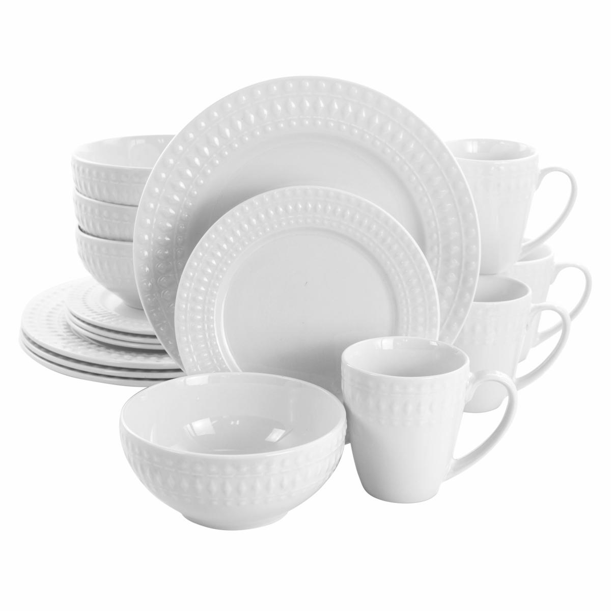 Elama Cara 16-Pc Round Porcelain Dinnerware Set in White