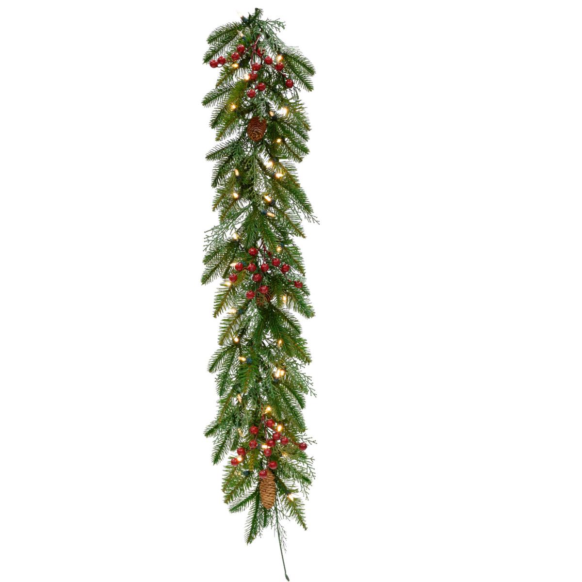 Fraser Hill 9-ft Garland W/ Pinecones Red Berries & White LED Lights ...