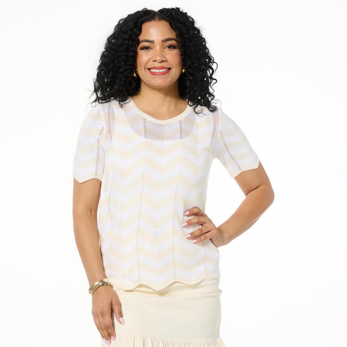 G by Giuliana Chevron Pattern Short Sleeve Pullover Sweater