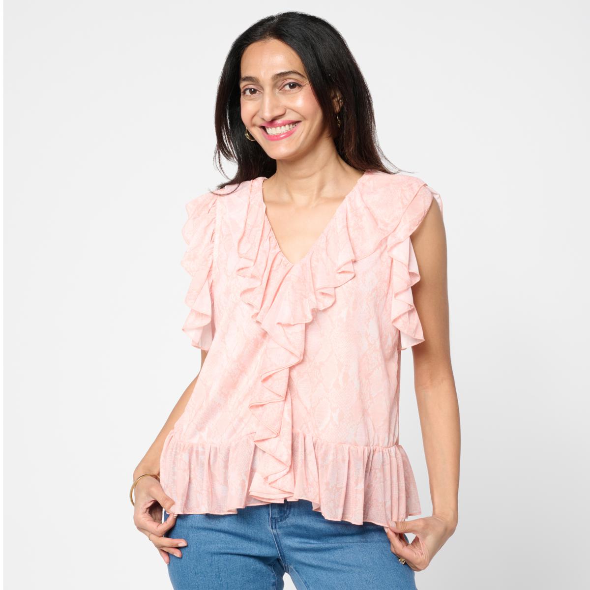 G by Giuliana Printed Knit Sleeveless Ruffle Top | HSN
