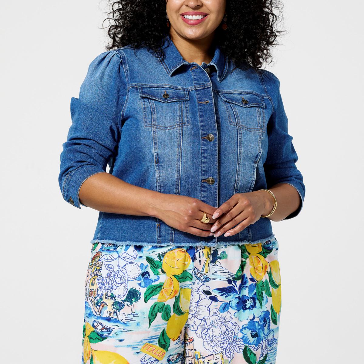 Puff Sleeve Denim Jacket With Flowers Abercrombie Fitch Puff