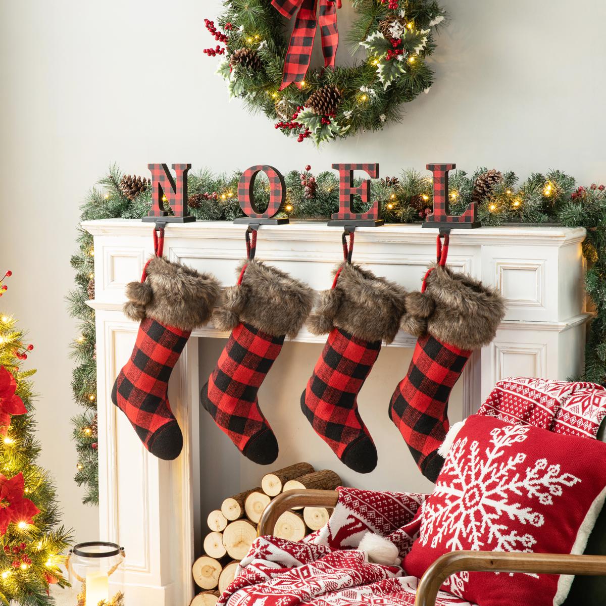 Glitzhome 21 Faux Fur Black and Red Buffalo Plaid Stocking