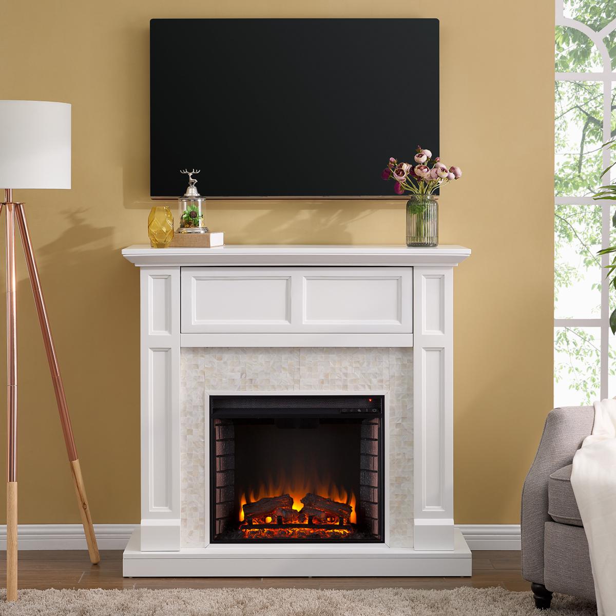 Avalon Media Console TV Fireplace Console Faux White Marble Top