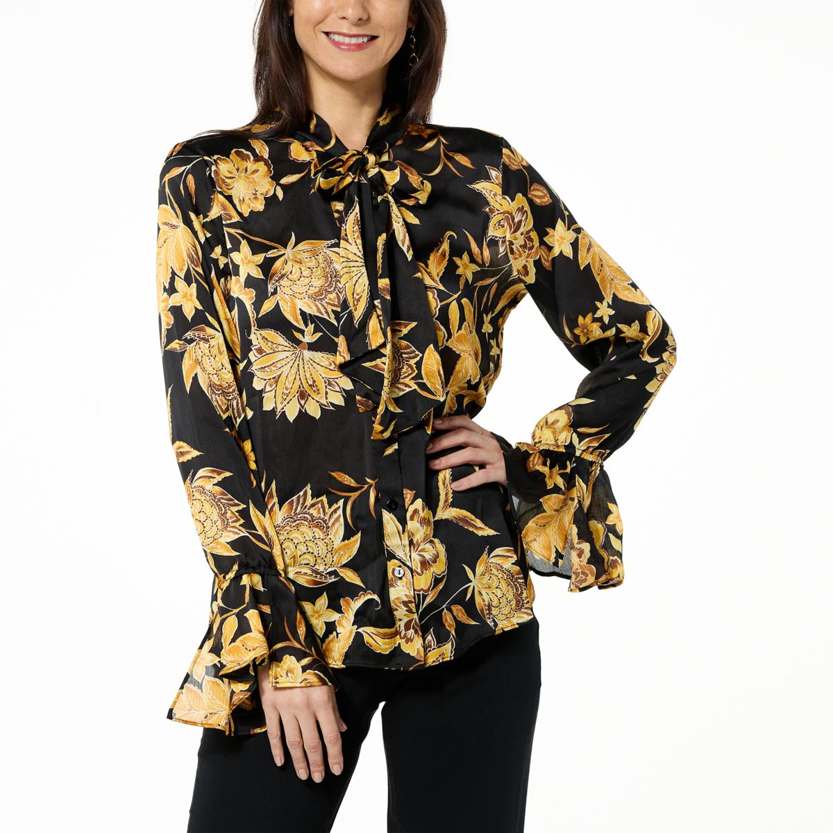 HIMALAY Collar Neck Self Design Gold Color 3/4 Sleeve Blouse. : :  Fashion